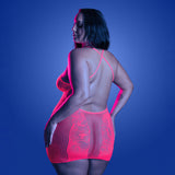 Fantasy Lingerie Glow Back It Up Halter Dress in Floral Knit and Fishnet Queen Size