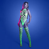 Fantasy Lingerie Glow Adrenaline Halter Teddy & Stockings in Rhinestone Fishnet O/S