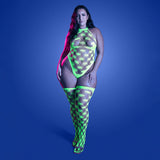 Fantasy Lingerie Glow Adrenaline Halter Teddy & Stockings in Rhinestone Fishnet Queen Size