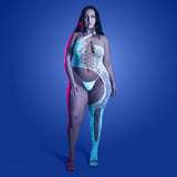 Fantasy Lingerie Glow Lights Get Low Floral Knit Asymmetrical Bodystocking & Panty Queen Size