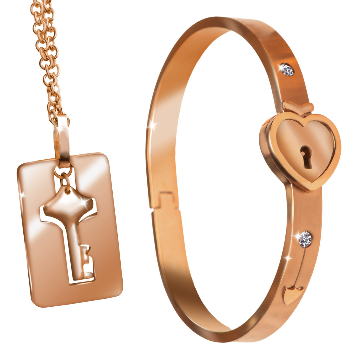 Cuffed Locking Bracelet & Key Necklace Rose Gold