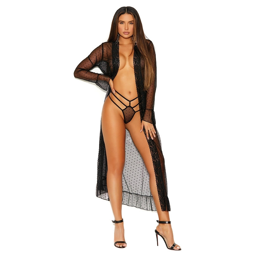 Long Sleeve Dotted Mesh Robe & Panty-Black