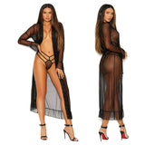 Long Sleeve Dotted Mesh Robe & Panty-Black