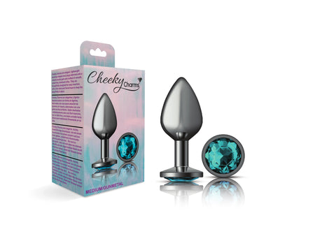 Cheeky Charms-Gunmetal Metal Butt Plug- Round-Teal