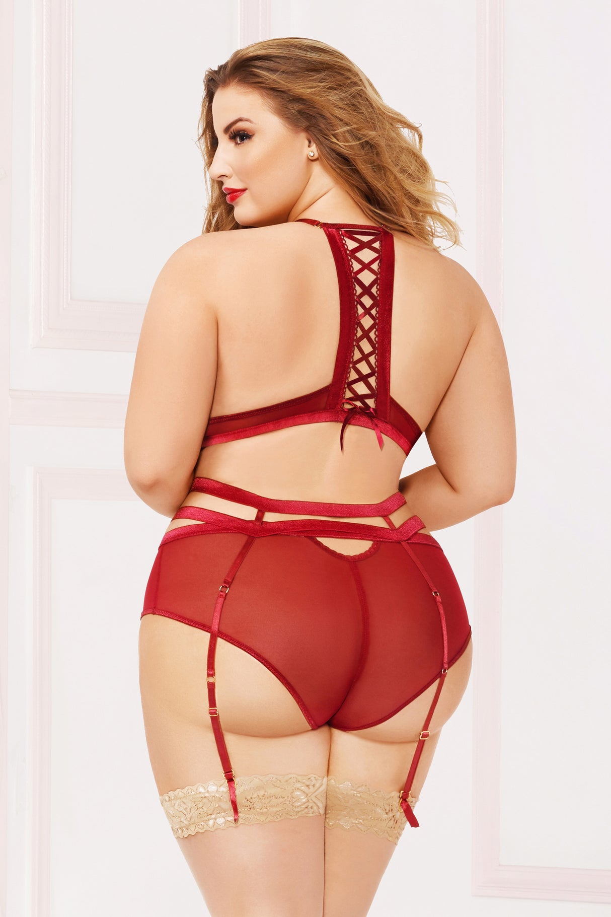 Applique & Mesh Bra Set - 3x4x - Burgundy