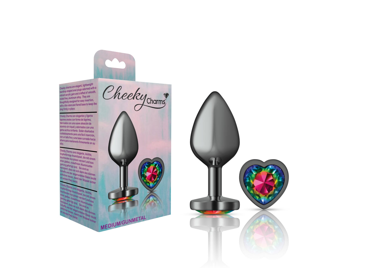 Cheeky Charms-Gunmetal Metal Butt Plug- Heart-Rainbow