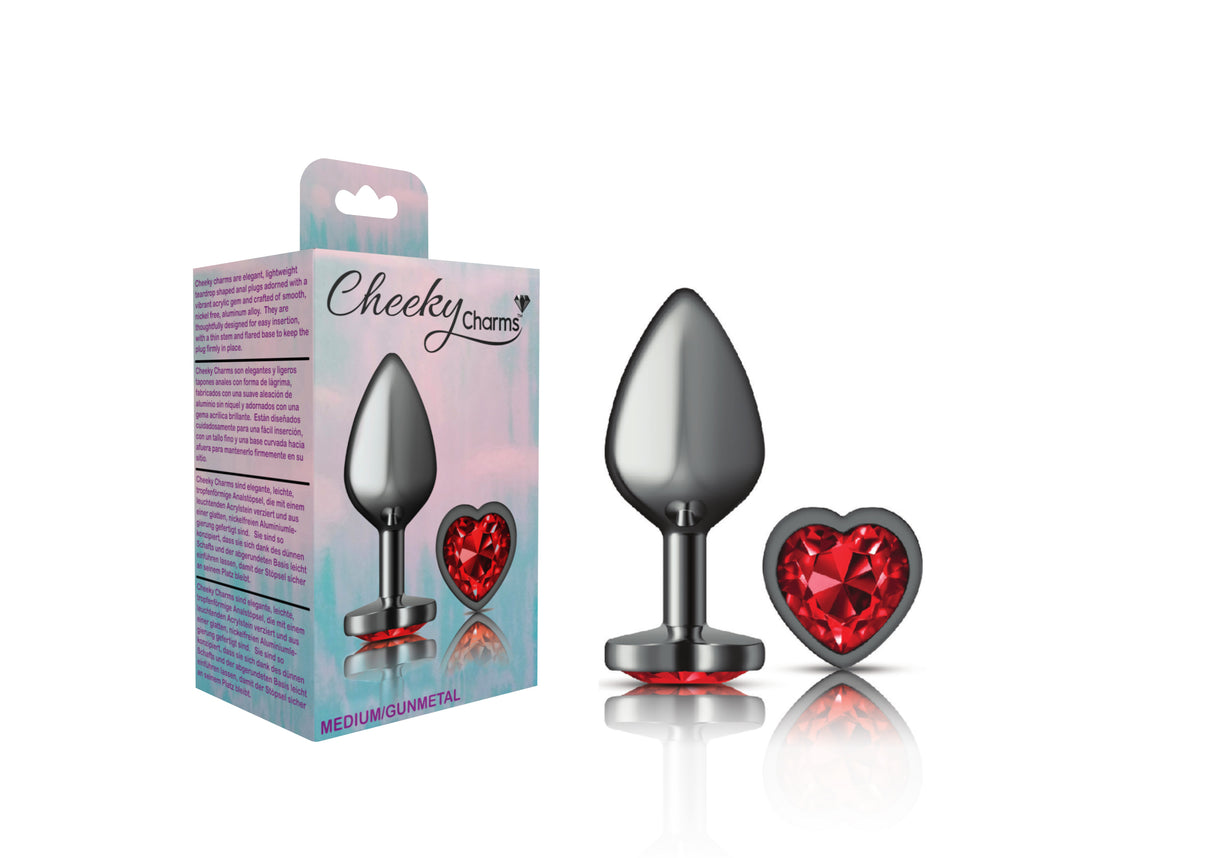 Cheeky Charms-Gunmetal Metal Butt Plug- Heart-Dark Red