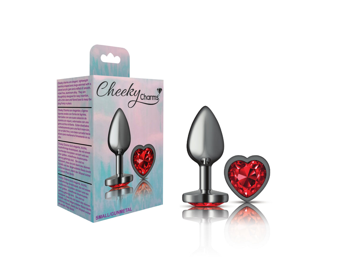 Cheeky Charms-Gunmetal Metal Butt Plug- Heart-Dark Red