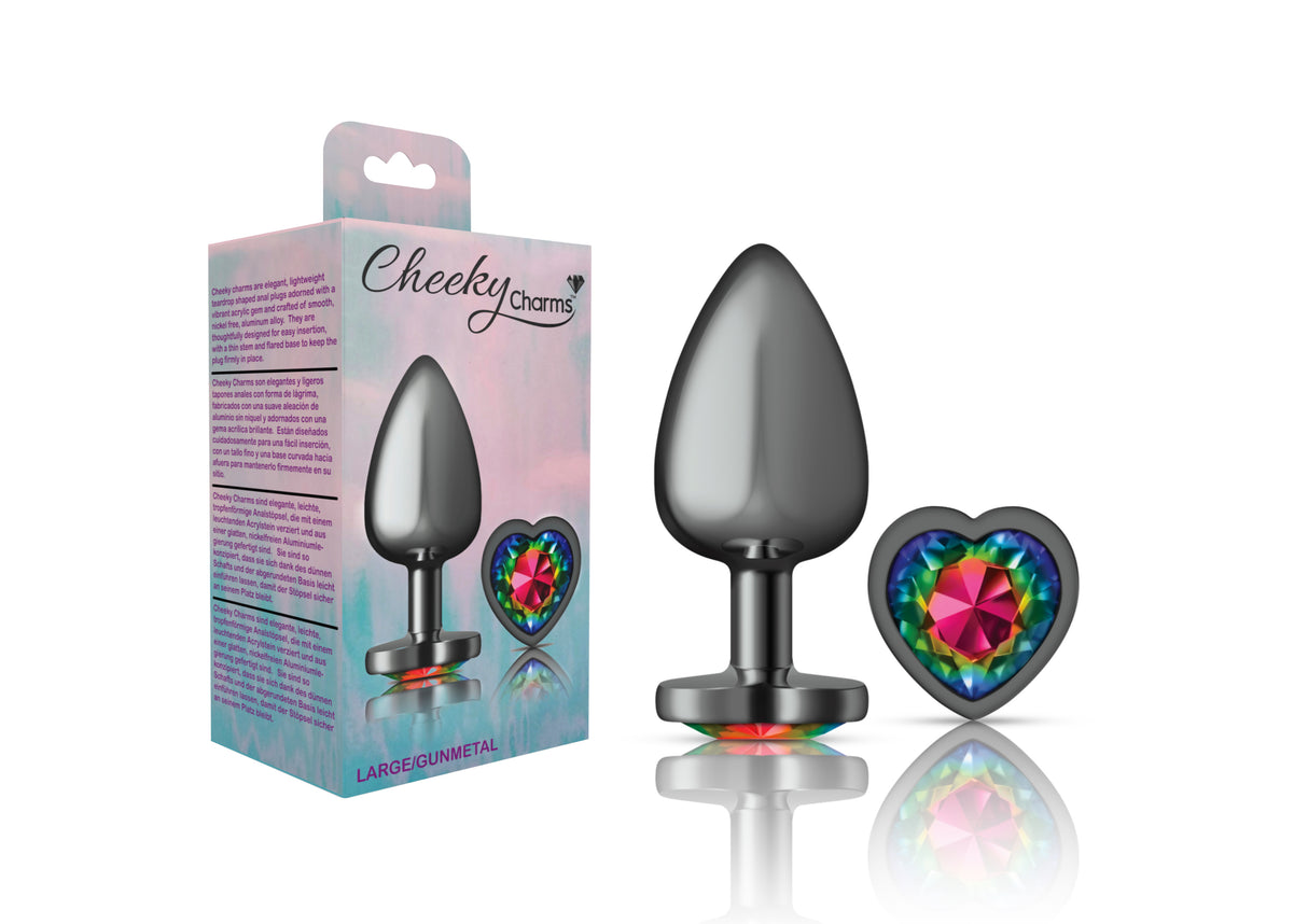 Cheeky Charms-Gunmetal Metal Butt Plug- Heart-Rainbow