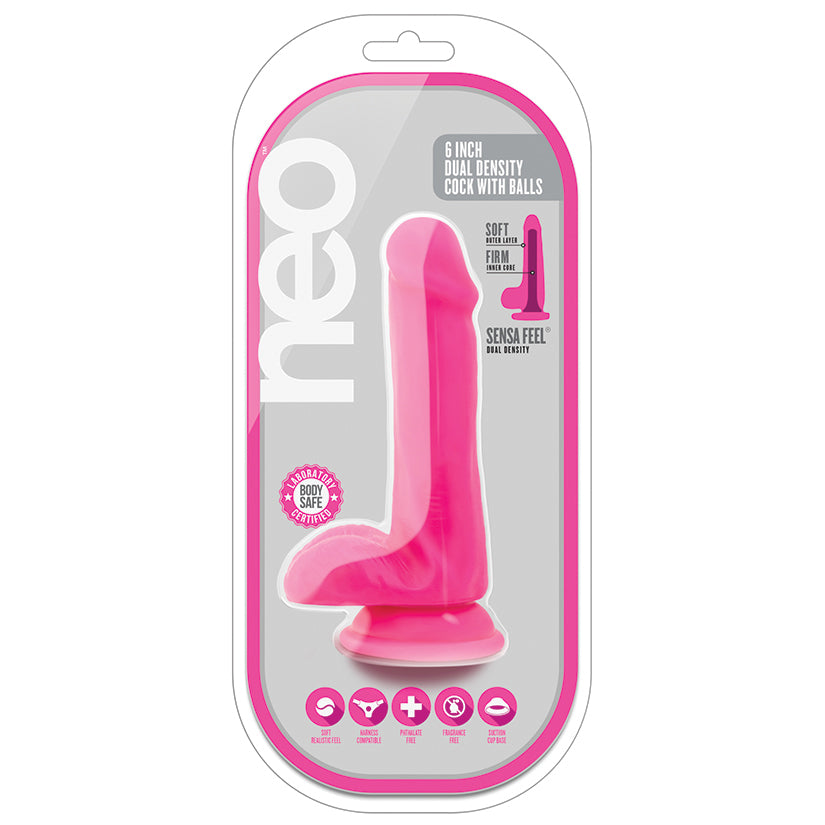 Neo Dual Density Cock With Balls-Neon Pink 6"