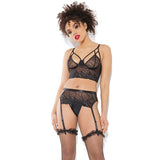 Coquette Longline Bra Garter Belt & G-String Set-Black X-Large-Hanging