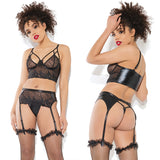 Coquette Longline Bra Garter Belt & G-String Set-Black X-Large-Hanging