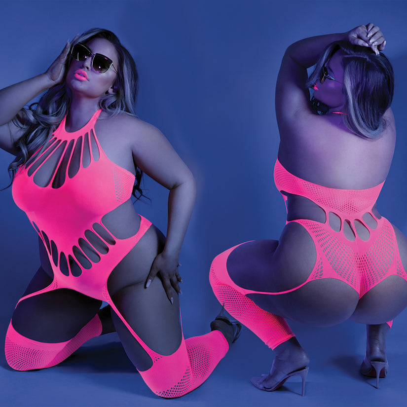 Glow No Promises Teddy Bodystocking -Neon Pink