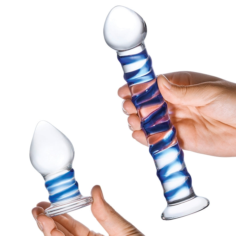 Glas Double Penetration Swirly Dildo & Buttplug Set-Clear