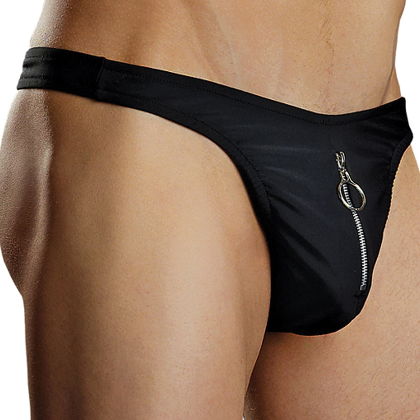 Male Power Nylon Spandex Zipper Thong-Black